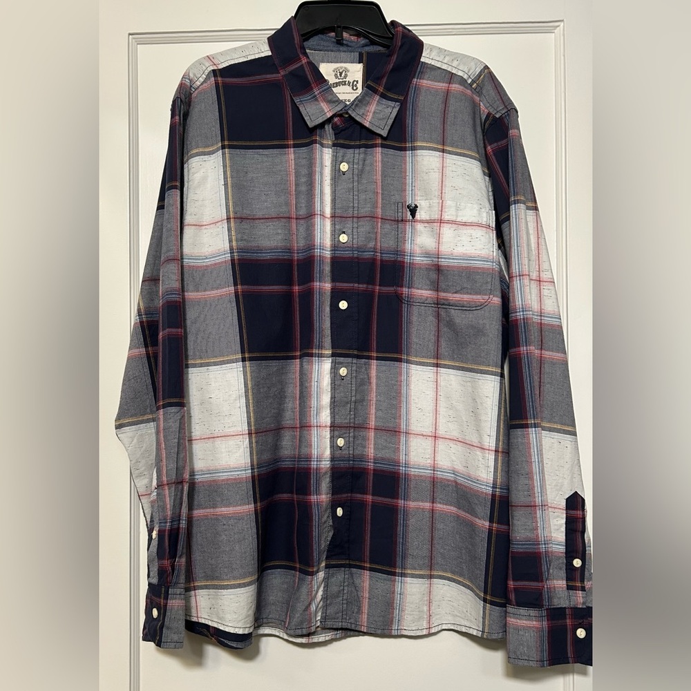 Roebuck & Co XXL Plaid Long Sleeve Button Down Shirt Navy Blue & White